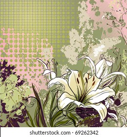 grunge greeting-card with decorative white lilies