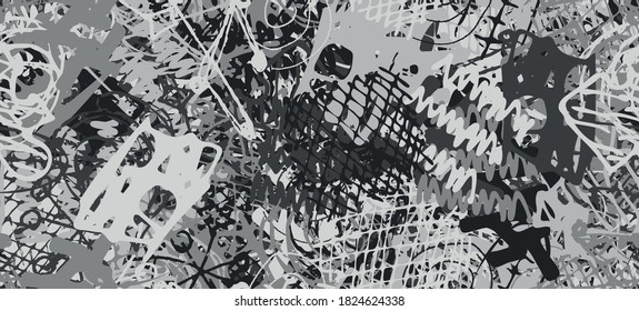 Grunge grey. Abstract seamless background. The texture is repetitive. Template for printing on fabric, paper, wrapper. A chaotic backdrop of graffiti