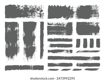 Grunge grey brush stroke template set. Hand drawn brushes texture. Rough ink smear layout bundle.