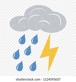 Grunge grey cloud with lightning and rain icon. Cartoon illustration of clouds with lightning and rain vector icon for web. The concept of a bad mood. Application on t-shirts, bags. Isolated on
