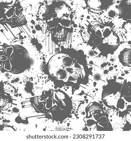 Grunge grey seamless pattern with skulls. Vector illustration.