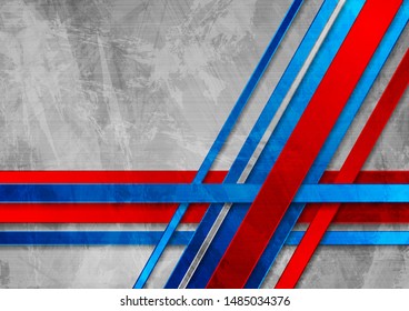 Grunge grey wall abstract graphic design with red blue corporate stripes. Old wall concrete texture background. Vector illustration