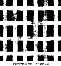 Grunge grid seamless pattern. Abstract plaid texture hand drawn with a ink brush strokes. Vector Monochrome Scandinavian background in a simple style for print on textiles, paper, Wallpaper, t-shirts