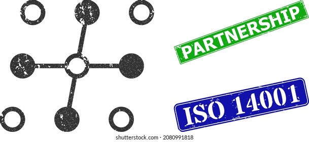 Grunge grid structure icon and rectangular corroded Partnership seal. Vector green Partnership and blue ISO 14001 seals with corroded rubber texture, designed for grid structure illustration.