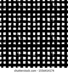 Grunge grid vector seamless pattern. Black crossing lines and stripes. Messy striped endless ornament with black hand painted strokes on white background. Vector design for fabric, wallpaper, wrapping