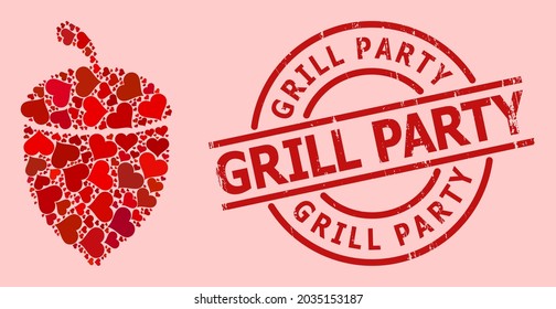 Grunge Grill Party stamp seal, and red love heart mosaic for oak acorn. Red round stamp seal includes Grill Party title inside circle. Oak acorn mosaic is created with red wedding symbols.
