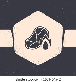 Grunge Grilled steak meat and fire flame icon isolated on grey background. Monochrome vintage drawing. Vector Illustration