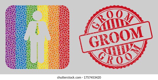 Grunge Groom stamp and mosaic groom stencil for LGBT. Dotted rounded rectangle mosaic is around groom carved shape. LGBT rainbow colors. Red rounded scratched stamp with Groom message.