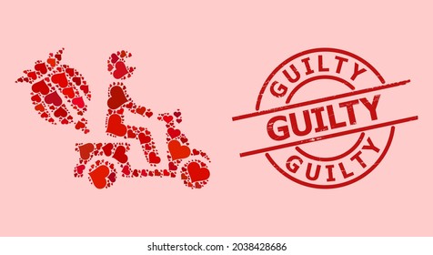 Sello de sello Grunge Guilty, y collage rojo del corazón del amor para el reparto de motocicletas de opio. El sello rojo redondo tiene la etiqueta Culpable dentro del círculo. El mosaico de distribución de motos de opio está formado por objetos rojos románticos.