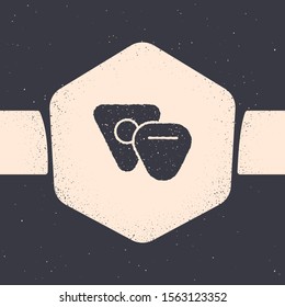Grunge Guitar pick icon isolated on grey background. Musical instrument. Monochrome vintage drawing. Vector Illustration