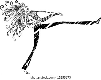Grunge guitar woman in black and white engrave style