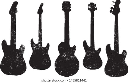 Grunge Guitars Stamps Collection. Vector Distressed Textures Set. Blank Shapes. Vector Illustration. Black isolated on white. EPS10.