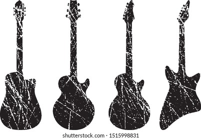 Grunge Guitars Stamps Collection. Vector Distressed Textures Set. Blank Shapes. Vector Illustration. Black isolated on white. EPS10.