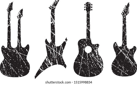 Grunge Guitars Stamps Collection. Vector Distressed Textures Set. Blank Shapes. Vector Illustration. Black isolated on white. EPS10.