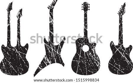 Grunge Guitars Stamps Collection. Vector Distressed Textures Set. Blank Shapes. Vector Illustration. Black isolated on white. EPS10.