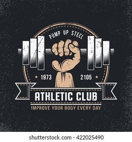 Grunge gym logo - hand with dumbbell. Texture on separate layers and can be easily disabled.