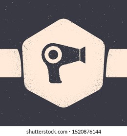 Grunge Hair dryer icon isolated on grey background. Hairdryer sign. Hair drying symbol. Blowing hot air. Monochrome vintage drawing. Vector Illustration