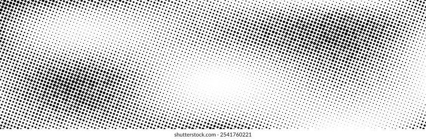 Grunge halftone background. Faded grit noise gradient texture. White and black sand wallpaper. Wide retro pixelated backdrop. Anime or manga style comic overlay. Halftone gritty print. Vector