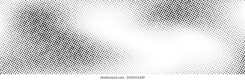 Grunge halftone background. Faded grit noise gradient texture. White and black sand wallpaper. Wide long retro pixelated backdrop. Anime or manga style comic overlay. Halftone gritty print. Vector