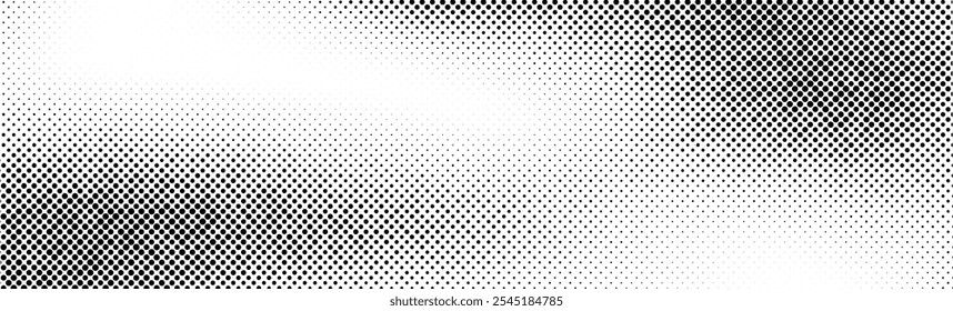 Fundo de meio-tom Grunge. Textura de gradiente de ruído de grão esmaecido. Papel de parede de areia preto e branco. Fundo grande retrô pixelado. Sobreposição de estilo de anime ou mangá. Meio-tom arenoso quadro. Vetor
