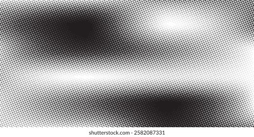 Grunge halftone background. Faded grit noise gradient texture. White and black sand wallpaper. Wide long retro pixelated backdrop. Anime or manga style comic overlay.