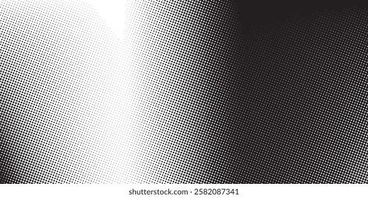 Grunge halftone background. Faded grit noise gradient texture. White and black sand wallpaper. Wide long retro pixelated backdrop. Anime or manga style comic overlay.