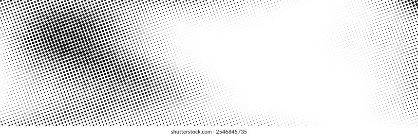 Fondo de semitono Grunge. Textura de gradiente de ruido de grano de desvanecimiento. Fondo de pantalla de arena blanco y negro. Amplio fondo largo pixelado retro. Superposición de estilo de cómic de anime o manga. Estampado de gritty de semitono de Vector