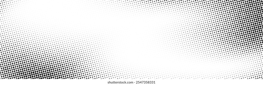 Fondo de semitono Grunge. Textura de gradiente de ruido de grano de desvanecimiento. Fondo de pantalla de arena blanco y negro. Amplio fondo largo pixelado retro. Superposición de estilo de cómic de anime o manga. Vector semitono gritty bg