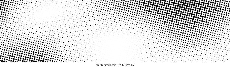 Grunge halftone background. Fading grit noise gradient texture. Black and white sand wallpaper. Wide retro pixelated backdrop. Anime or manga comic style overlay. Vector long halftone gritty bg