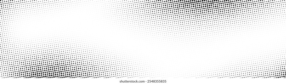 Fundo de meio-tom Grunge. Textura de gradiente de ruído de aderência de esmaecimento. Papel de parede de areia preto e branco. Fundo pixelado retro largo. Sobreposição de estilo de anime ou mangá. Impressão de meio-tom longo vetorial