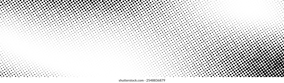 Fondo de semitono Grunge. Textura de gradiente de ruido de grano de desvanecimiento. Fondo de pantalla de arena blanco y negro. Superposición de estilo de cómic de anime o manga. Amplio fondo pixelado retro. Estampado arenoso de semitono largo de Vector