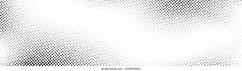 Fundo de meio-tom Grunge. Textura de gradiente de ruído suave. Papel de parede de areia preto e branco. Sobreposição de estilo de anime ou mangá. Fundo de pixel retro largo. Impressão de grade de meio tom longo com vetor