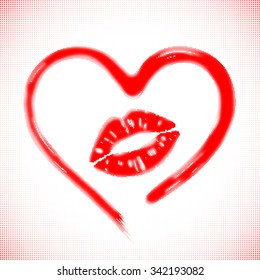Grunge halftone background. Imprint of lips. Stock vector illustration.