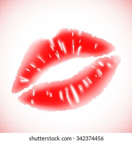 Grunge halftone background. Imprint of lips. Stock vector illustration.