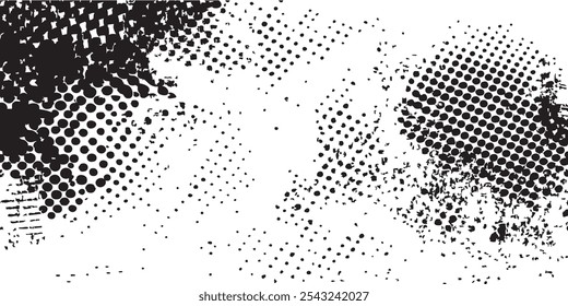 Fondo de textura de punto negro semitono Grunge. Fondo de puntos de semitono de Vector. Patrón cómico blanco y negro. Fondo de puntos de semitono degradado de Vertical.  