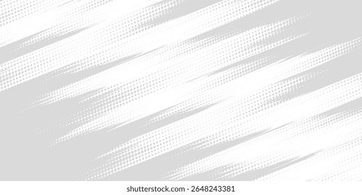 Grunge halftone diagonal stripe pattern in gray and white tones. Dynamic abstract background with comic-style dotted texture,