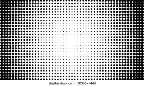 Grunge halftone dots pattern dark background.Black pixels. Modern dotted vector illustration. Abstract wavy lines. Points backdrop. Grungy spotted pattern. Wide image