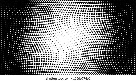Grunge halftone dots pattern dark background.Black pixels. Modern dotted vector illustration. Abstract wavy lines. Points backdrop. Grungy spotted pattern. Wide image