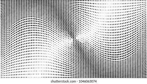 Grunge halftone dots pattern texture background. Black pixels. Modern dotted vector illustration. Abstract wavy lines. Points backdrop. Grungy spotted pattern. Wide image
