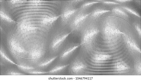 Grunge halftone dots pattern texture background. Black pixels. Modern dotted vector illustration. Abstract wavy lines. Points backdrop. Grungy spotted pattern. Wide image