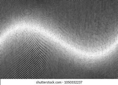 Grunge halftone dots pattern texture background. Black pixels. Light curves. Modern dotted vector illustration. Abstract wavy lines. Points backdrop. Grungy spotted pattern. Wide image