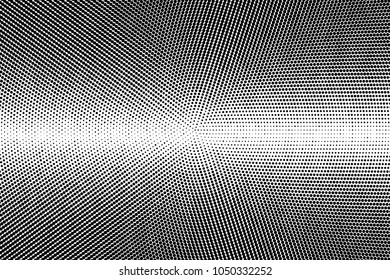 Grunge halftone dots pattern texture background. Black pixels. Light curves. Modern dotted vector illustration. Abstract wavy lines. Points backdrop. Grungy spotted pattern. Wide image