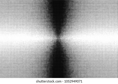 Grunge halftone dots pattern texture background. Black and white pixels. Modern dotted vector illustration. Abstract wavy lines. Radial points backdrop. Grungy spotted pattern