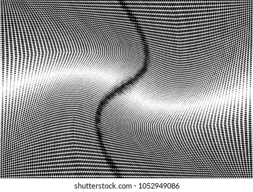 Grunge halftone dots pattern texture background. Black and white pixels. Modern dotted vector illustration. Abstract wavy lines. Radial points backdrop. Grungy spotted pattern