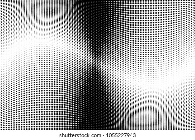Grunge halftone dots pattern texture background. Black pixels. Modern dotted vector illustration. Abstract wavy lines and curves. Points backdrop. Grungy spotted pattern