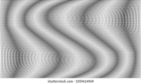 Grunge halftone dots pattern texture background. Black pixels. Modern dotted vector illustration. Abstract wavy lines. Points backdrop. Grungy spotted pattern. Wide image