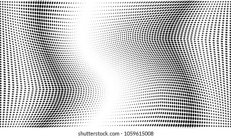 Grunge halftone dots pattern texture background. Black pixels. Modern dotted vector illustration. Abstract wavy lines. Points backdrop. Grungy spotted pattern. Wide image