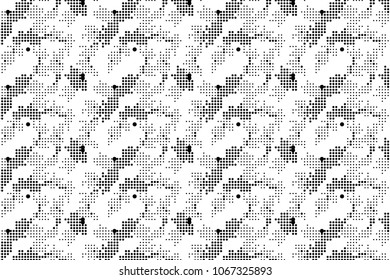 Grunge halftone dots pattern texture background. Black and white pixels art. Modern dotted vector illustration. Abstract wavy lines. Points backdrop. Gradient spotted pattern