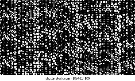 Grunge halftone dots pattern texture background. Black and white pixels. Modern dotted vector illustration. Abstract wavy lines. Points backdrop. Gradient spotted pattern