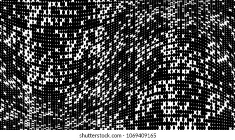 Grunge halftone dots pattern texture background. Black and white pixels. Modern dotted vector illustration. Abstract wavy lines. Points backdrop. Gradient spotted pattern. Wide image